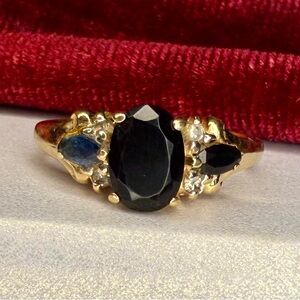 14K Gold Black Onyx & Blue Sapphire Ring w/ Real Diamond Accents – Bold Cocktail